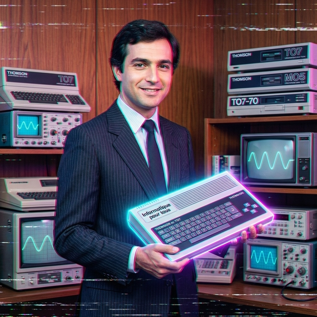 image générée par l'IA présentant Laurent Fabius affublé d'un clavier sur lequel il est écrit Informatique pour tous
